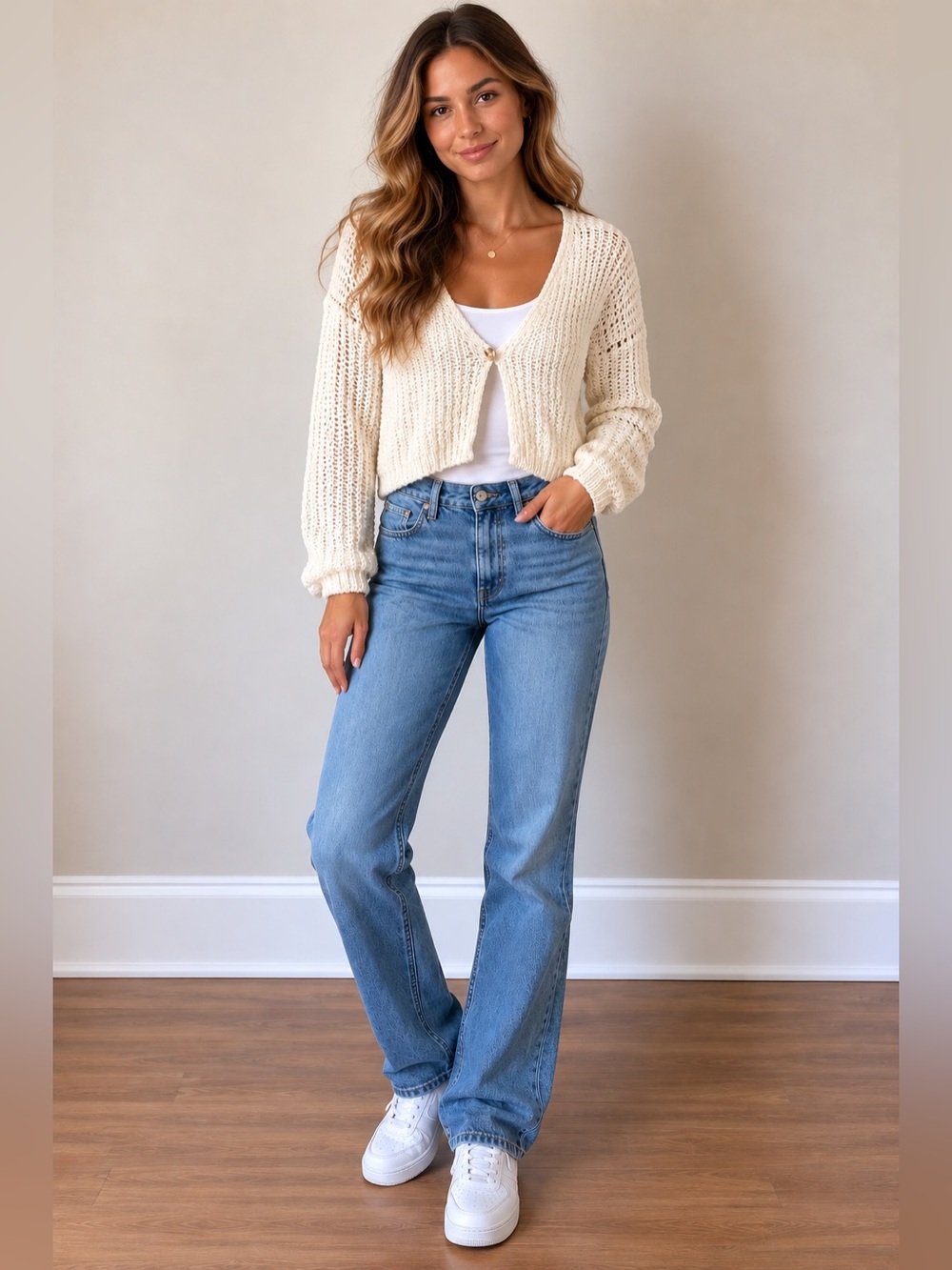 OAK + FORT Ivory Open-Knit Cropped Cardigan